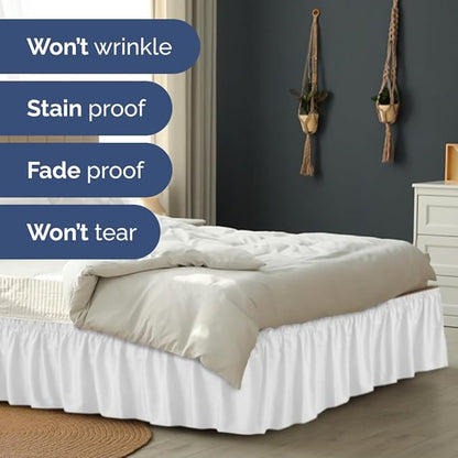 Wrap Around Dust Ruffle Bed Skirt - White - for King Size Beds with 15 Inch Drop - Easy Fit Elastic Strap - Adjustable Pleated Bedskirt w/Brushed Fabric - Wrinkle Free - for Women, Men, Kids & Teens