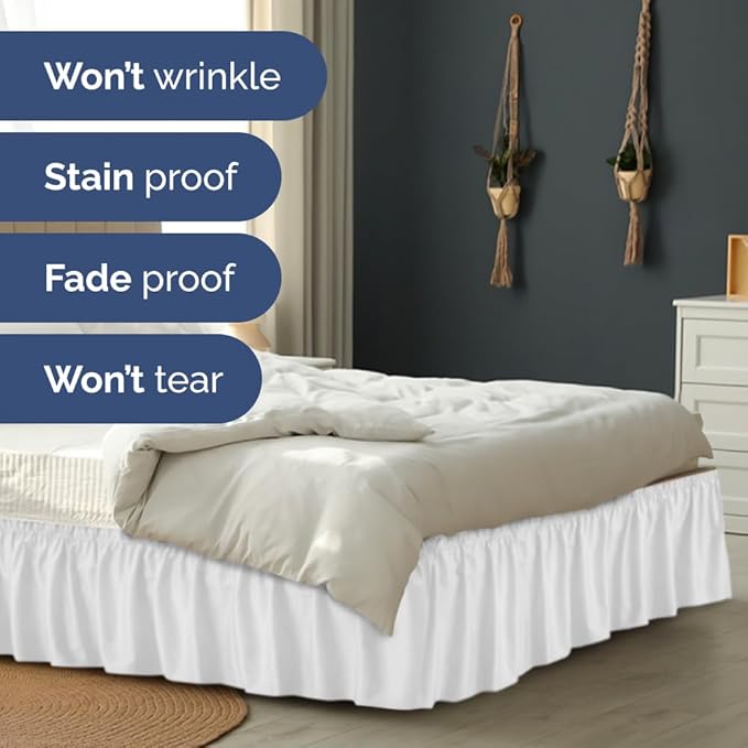 Wrap Around Dust Ruffle Bed Skirt - White - for Twin Size Beds w/ 14 Inch Drop - Easy Fit Elastic Strap - Adjustable Pleated Bedskirt w/Brushed Fabric, Wrinkle & Fade Free Women, Men, Kids & Teens