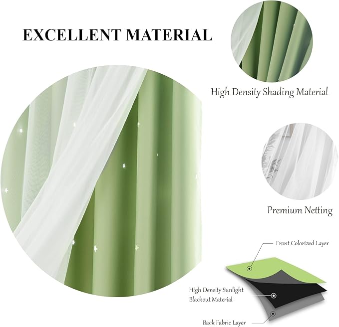 Stars Curtains Double Layer Curtains Blackout Curtains for Bedroom Kids Curtains Cute Curtains Kids Blackout Curtains, Curtains 96 Inches Long 2 Panels Set, Green Curtains, 52 X 96 Inches