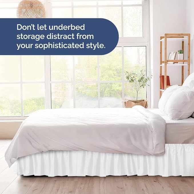 Wrap Around Dust Ruffle Bed Skirt - White - for Full Size Beds with 18 Inch Drop - Easy Fit Elastic Strap - Adjustable Pleated Bedskirt w/Brushed Fabric - Wrinkle Free - for Women, Men, Kids & Teens