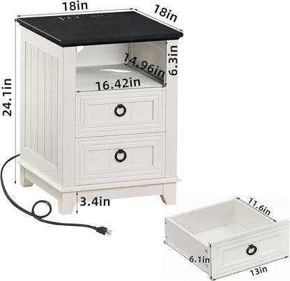 18" Farmhouse Night Stands Set of 2 with Charging Station, 2 Drawers End Table Dresser for Bedroom， Wooden Nightstand, Bed Side Table with Open Shelf, Bedside Cabinet for Living Room（White）