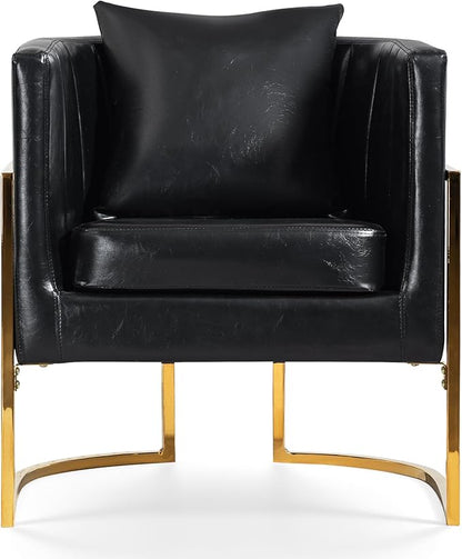 Modern Leather Accent Chairs Set of 2, Mid Century Upholstered Barrel Armchair with Pillow for Living Room, Comfy Single Vanity Chair with Metal Gold Legs for Bedroom, Black