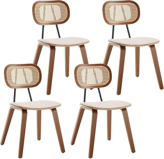HEAH-YO Modern Dining Chairs Set of 4, Upholstered Faux Leather Dining Room Chairs with Rattan Backrest and Wood Legs, Armless Wood Kitchen Chairs for Dining Room, Beige