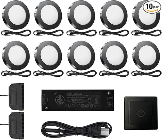 VST Under Cabinet Lighting Plug in with Wired Touch Dimmer Switch,Recessed or Surface Mount Design,Natural White 4000K 12V 2W(20W Total, 10 Pack Black) Puck Lights Fixtures