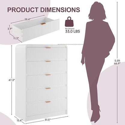 FURSUN Fluted 5 Drawers Dresser for Bedroom, 48" Tall Wooden Modern Dresser with Metal Handle, Curved Profile Design, Storage Organizer for Bedroom, Living Room, Hallway, White