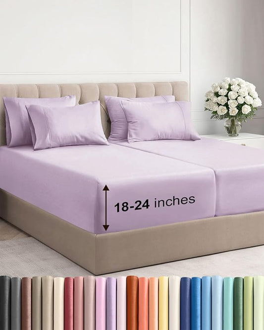 Extra Deep Split King Sheet Set - 7 Piece Breathable & Cooling Sheets - Hotel Luxury Bed Sheets Set - Easy Fit - Soft, Wrinkle Free & Comfy Sheets Set - Light Lavender Sheet Set w/Extra Deep Pockets