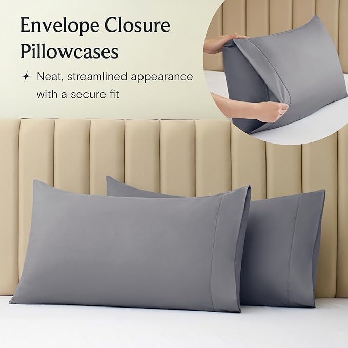 LuxClub 4 PC Extra Deep Pocket Full Sheet Set, Wrinkle Free Cooling Bed Sheets Hotel Bedding for Women, Men, Kids & Teens, Includes 1 Fitted Sheet, 1 Flat Sheet and 2 Pillowcases- Light Grey