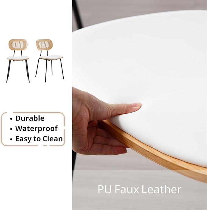 HEAH-YO Dining Chairs Set of 6, Upholstered Faux Leather Rattan Dining Chairs with Backrest and Metal Legs, Armless Kitchen Rattan Chairs for Dining Room, White