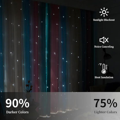 Star Blackout Curtains for Bedroom - Cute Kids Rainbow Curtains, 63 Inch Long 2 Panels, Beige, Blue & Pink
