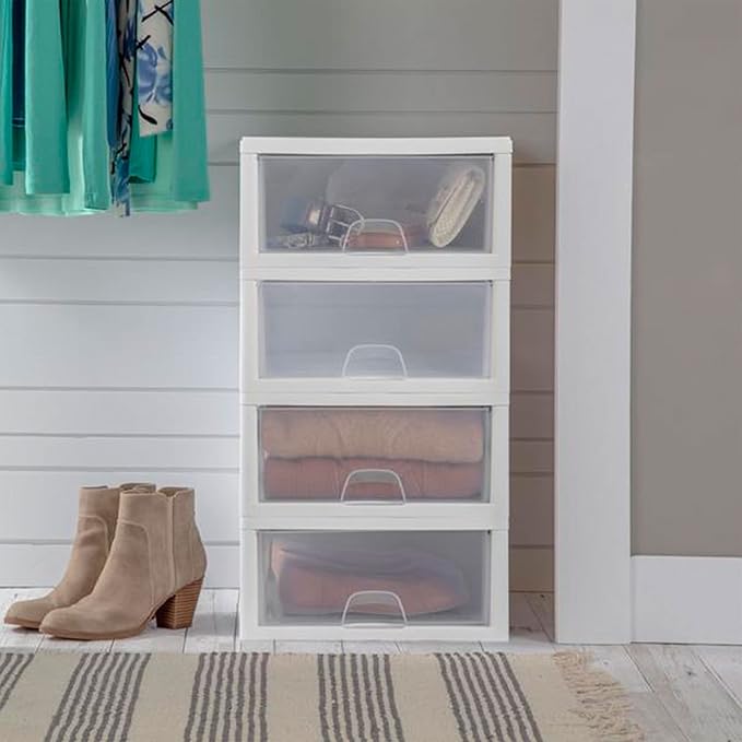 Sterilite 6-Pack 16 Quart Stacking Drawer, Clear Storage Closet Organizer, White Frame - Stackable Modular Plastic Drawers for Clothes, Accessories, Craft Supplies, Shoes or Linens