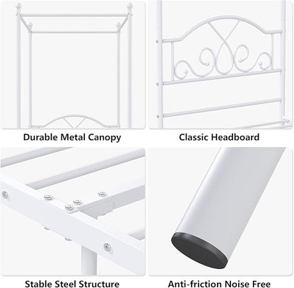 Weehom Twin Canopy Bed Frame with Headboard and Footboard Metal Four Posters Curtains Design Mattress Foundation Bed Platform Underbed Storage Space No Box Spring Needed for Kids Adults White