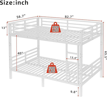 Full XL Bunk Bed Frame, Heavy Duty Metal Loft Bed for Adults/Teens, 350/500LB Capacity w/Ladder & Guardrail, Noise-Free Steel Slats, No Box Spring Required, White