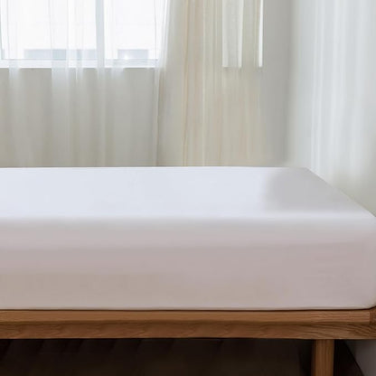 MooMee Fitted Bottom Sheet Only 100% Washed Cotton Linen Like Textured Breathable Durable Soft Comfy Deep Pocket Fits Mattress up to 17" (Bright White, Twin)