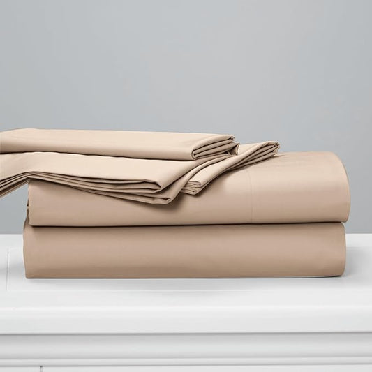 Cuddledown Dreamstead 100% Cotton Bed Sheets Set | 300 Thread Count | Luxurious Sateen Weave | Pure Combed Cotton | Soft | Wrinkle Resistant | 4 Piece Set | Khaki | King | 78” x 80”