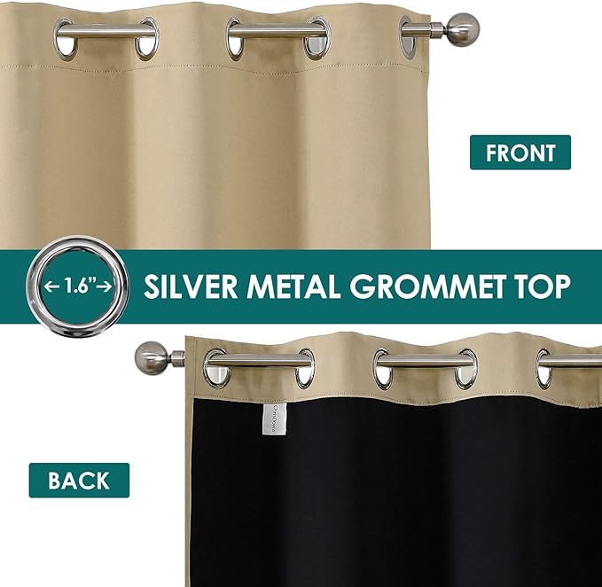 ChrisDowa 100% Blackout Curtains for Bedroom with Black Liner, 2 Thick Layers Total Blackout Thermal Insulated Grommet Window Curtains 2 Panels Set (Beige, 42 x 63 Inch)