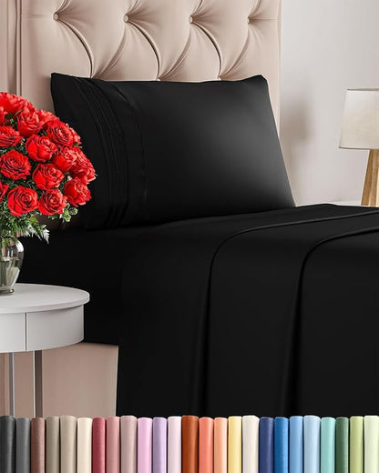 Twin Size 3 Piece Sheet Set - Comfy Breathable & Cooling Bed Sheets Set - Hotel Luxury Bedding for Women, Men, Kids, Teens, Boys & Girls - Deep Pockets, Ultra-Soft and Wrinkle Free - Oeko-Tex - Black