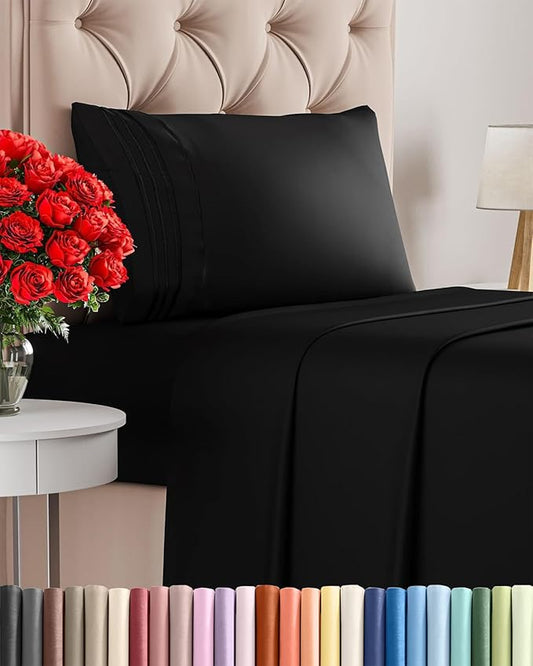 Twin Size 3 Piece Sheet Set - Comfy Breathable & Cooling Bed Sheets Set - Hotel Luxury Bedding for Women, Men, Kids, Teens, Boys & Girls - Deep Pockets, Ultra-Soft and Wrinkle Free - Oeko-Tex - Black