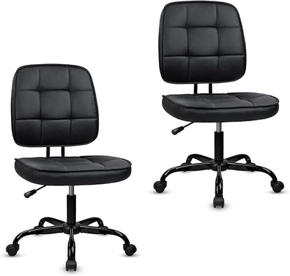 CLATINA Armless Home Office Chair with Lumbar Support and Wheels, Small PU Leather Ergonomic Low Back Desk Chairs No Arms, Adjustable Height 360° Swivel Rolling Computer Task Chair, Black, 2 Pack