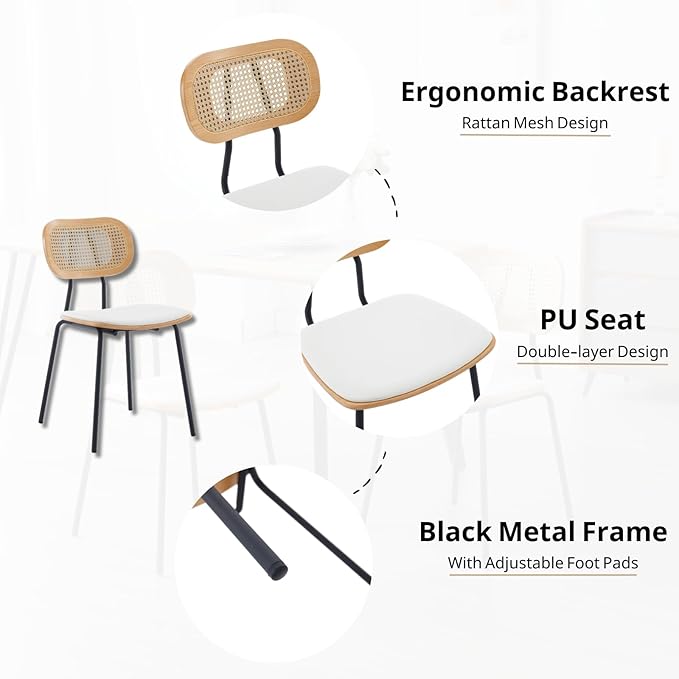 HEAH-YO Dining Chairs Set of 4, Upholstered Faux Leather Rattan Dining Chairs with Backrest and Metal Legs, Armless Kitchen Rattan Chairs for Dining Room, White
