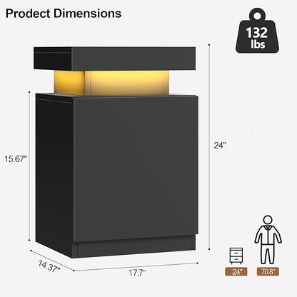 MXV Nightstand Set of 2 with LED Lights,Night Stand with Storage Cabinet for Bedroom,Bedside Table with LED (Black, 17.7IN)