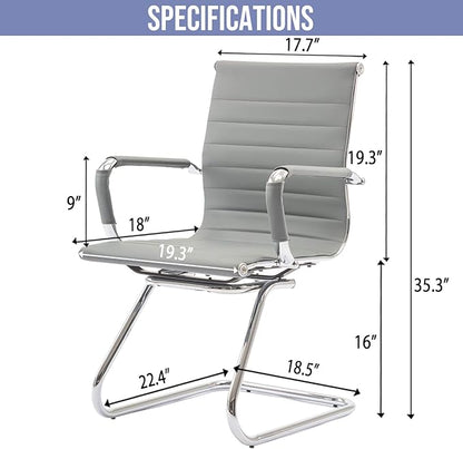 Wahson Office Guest Chairs Set of 2, Leather Reception Chairs, Mid Back Waiting Room Chair, Conference Chairs with Sled Base, Desk Chair No Wheels for Meeting/Lobby/Restroom, Grey