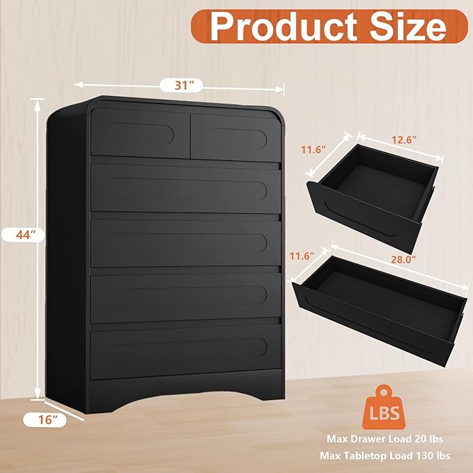 3 Piece Bedroom Set, Dresser and Nightstand Sets for Bedroom, Wood 6 Drawer Dresser & Night Stand Set of 2, Tall Chest of Drawers Modern Storage Cabinet Bedroom Furniture Set, Black