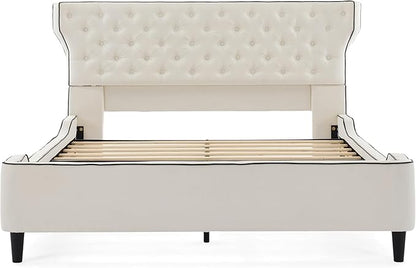 Christopher Knight Home Salus Linen Upholstered Queen Size Bed Frame with Headboard, Modern Queen Bed Frame and Headboard, Wooden Slats Support, Easy Assembly, No Box Spring Needed, Beige