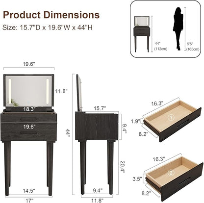 Solid Wood Small Vanity Desk with Mirror and Lights, Narrow Makeup Vanity for Small Space, Flip Top Vanity Side Table, 3 Color Modes & Adjustable Brightness, 19.6" Slim Dressing Table, Black