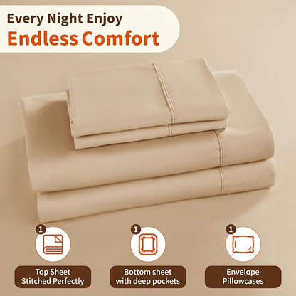 LBRO2M 1000 Thread Count 100% Egyptian Cotton Sheets Set Twin, 3 Piece Sets Bed Sheet Deep Pocket Sheet Set 16" Soft Comfortable All Season (Twin, Cream)
