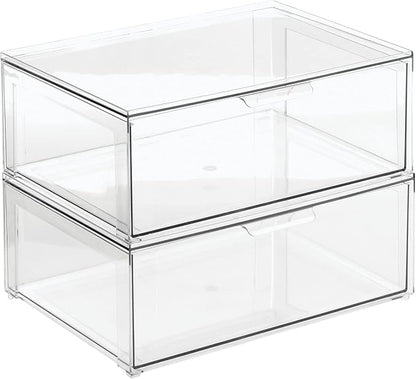 mDesign Plastic Stackable Bathroom Storage Organizer Bin Containers with Front Pull Drawer for Bathroom Countertop, Vanity, Closet Shelves - Holder for Accessories - Lumiere Collection, 2 Pack, Clear