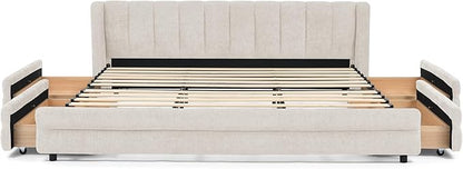 DEINPPA King Size Bed Frame with 4 Storage Drawers and Cloud Soft Headboard, Chenille Upholstered Grounded Wood Base Bed Frame, No Box Spring Needed-Beige