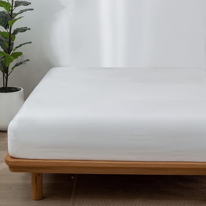 MooMee Fitted Bottom Sheet Only 100% Washed Cotton Linen Like Textured Breathable Durable Soft Comfy Deep Pocket Fits Mattress up to 17" (Off White, King)
