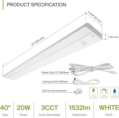 ASD 40 Inch LED Under Cabinet Lighting Plug in or Hardwired, High/Low/Off Switch, 20W 120V 3 CCT 2700K/3000K/4000K CRI90+, Triac Dimmable Linkable Under Counter Lights for Kitchen, ETL Listed, White