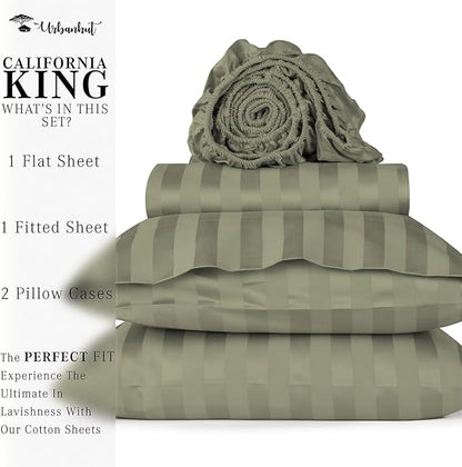 URBANHUT 800 Thread Count 100% Cotton Damask King Size Sheets, 4 Piece Striped King Size Bedsheets, Luxury Hotel Sheets Sateen Weave - Better Than Egyptian, 16" Elasticized Deep Pocket- Sage