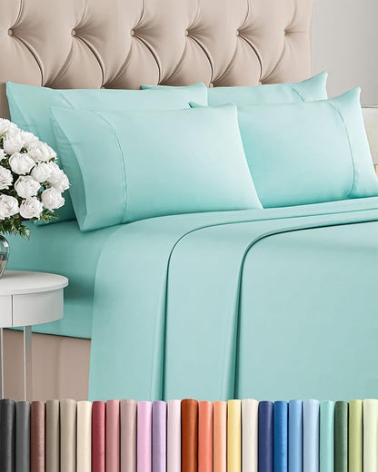 Cal King 6 Piece Sheet Set - Cooling, Comfy & Breathable - Hotel Luxury Bedding, Includes Fitted Sheet for Women, Men, Kids & Teens - 1 Flat, 1 Fitted Sheet, 4 Pillowcases w/Deep Pockets - Spa Blue