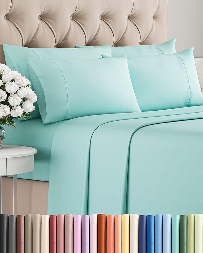 Queen 6 Piece Sheet Set - Cooling, Comfy & Breathable - Hotel Luxury Bedding, Includes Fitted Sheet for Women, Men, Kids & Teens - 1 Flat, 1 Fitted Sheet, 4 Pillowcases with Deep Pockets - Spa Blue
