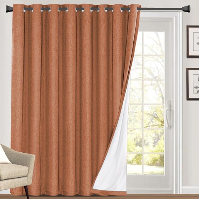 PrinceDeco 100% Linen Blackout Curtains Extra Wide Thermal Insulated Door Curtain Grommet Top Curtain Drapes for Living Room/Sliding Glass Door,W100 X L96 Inch,Oragne