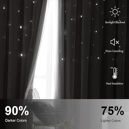 Star Curtains Double Layer Curtains Blackout Curtains for Bedroom Kids Curtains Cute Curtains, Curtains 72 Inches Long 2 Panels Set, Grey Curtains, 42 X 72 Inches