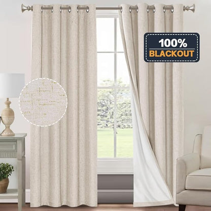 PrinceDeco Primitive Textured Linen 100% Blackout Curtains for Bedroom/Living Room Energy Saving Window Treatment Curtain Drapes, Burlap Fabric with White Thermal Insulated Liner (52 x 96in, Natural)