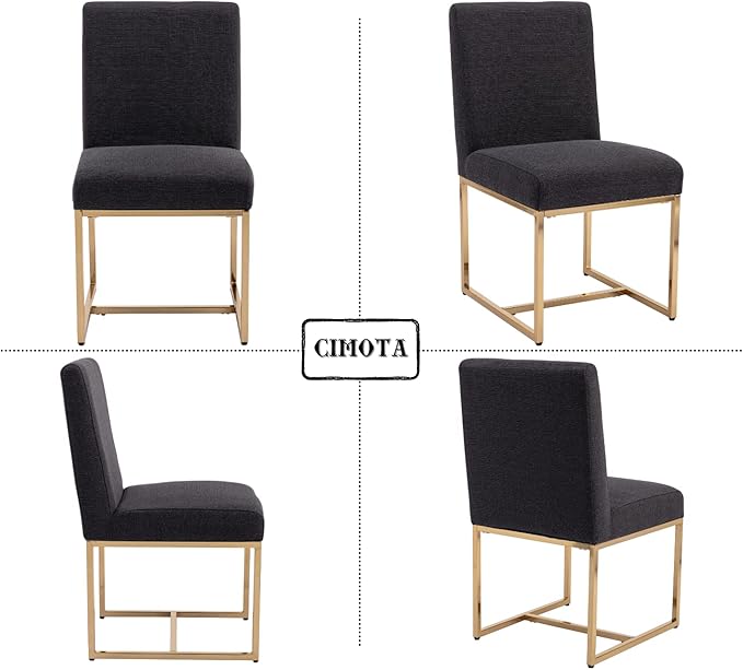 CIMOTA Black Modern Dining Chairs Set of 2, Upholstered Dining Room Chairs Armless Guest Side Chair with Gold Base for Dining Room/Kitchen, Charcoal Black, 2PCS
