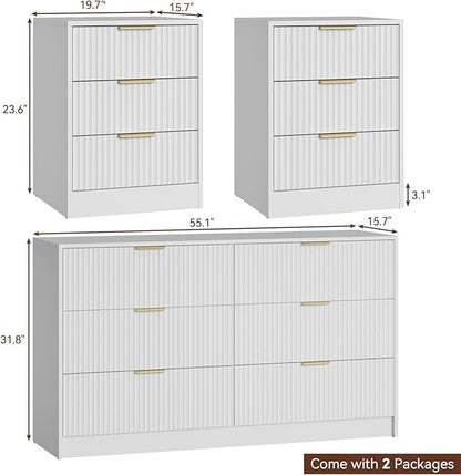 55" Long Dresser and Nightstand Set 3-Piece, 6 Drawer Dressers & Night Stand Set of 2 with Metal Handle, Fluted Modern Wood Chest of Drawers Storage Dressers Set for Bedroom, White
