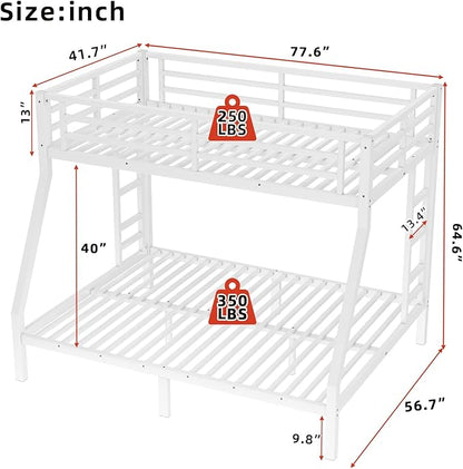 Twin Over Full Bunk Bed Frame, Heavy Duty Metal Loft Bed for Adults/Teens, 250/350LB Capacity w/Ladder & Guardrail, Noise-Free Steel Slats, No Box Spring Required, White