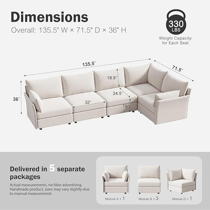 ABCASA 135.5" Oversized Modular Sectional Sofa, L Shaped Convertible Couch with Movable Ottoman, 5 Seat Corner Couches for Living Room Deep Seat White Chenille