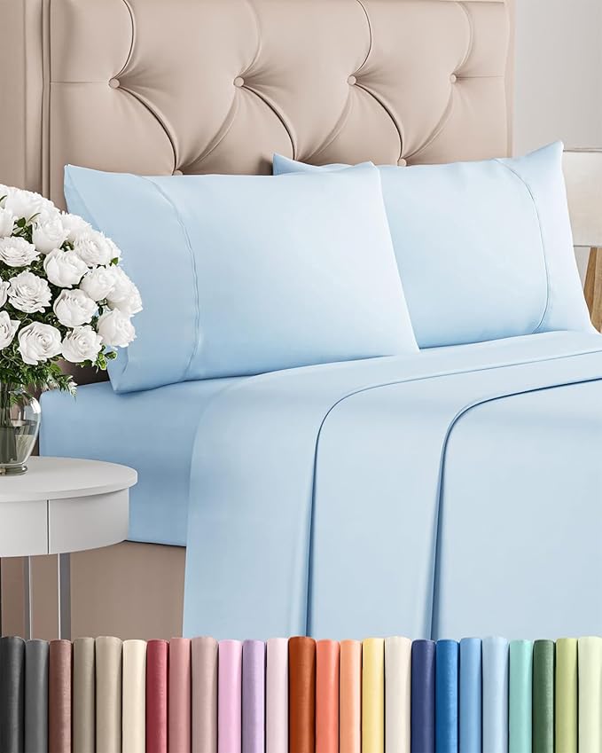 Twin 4 Piece Sheet Set - Cooling, Comfy & Breathable - Hotel Luxury Bedding, Includes Fitted Sheet for Women, Men, Kids & Teens - 1 Flat, 1 Fitted Sheet, 2 Pillowcases with Deep Pockets - Baby Blue