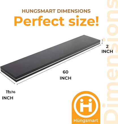 HÜNGSMART 60 Inch Wooden Floating Shelf – Supports 300lbs – 11 13/16 inch Deep - Engineered Wood – Black Stained Walnut Finish with Stainless Steel Insert– Includes Laser Welded Precision Wall Bracket