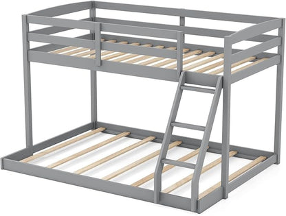KOMFOTT Low Bunk Bed Twin Over Full, Solid Wood Twin Bed Frame with Built-in Ladder & Safety Guardrails, Space-Saving Low Bunk Bed for Kids, Teens, No Box Spring Needed