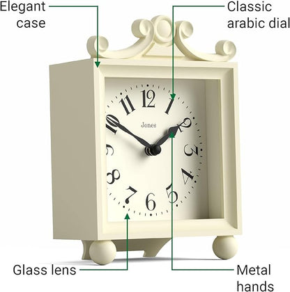 JONES CLOCKS® Parlour Mantel Clock | Classic Carriage Clock | Cream | Elegant Square Decorative case, Perfect for Mantel, Shelf, Table or Bedside