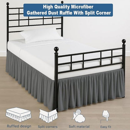 Ruffled Bed Skirt Split Corners with Platform, Tailored Fit Hotel Quality Wrinkle Free Ultra-Soft Microfiber Dust Ruffle, Upto 24 Inch Drop, Twin, Dark Grey