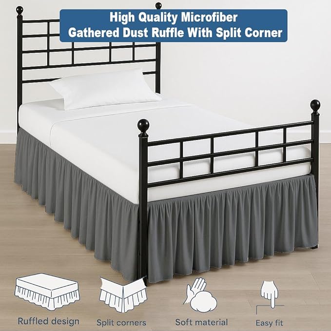 Ruffled Bed Skirt Split Corners with Platform, Tailored Fit Hotel Quality Wrinkle Free Ultra-Soft Microfiber Dust Ruffle, Upto 18 Inch Drop, Twin XL, Dark Grey