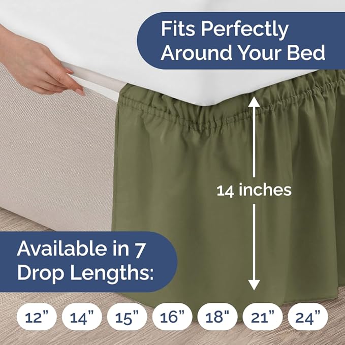Wrap Around Dust Ruffle Bed Skirt - Sage Green - for Queen Size Beds w/ 14 Inch Drop - Easy Fit Elastic Strap - Adjustable Pleated Bedskirt with Brushed Fabric, Wrinkle Free Women, Men, Kids and Teens